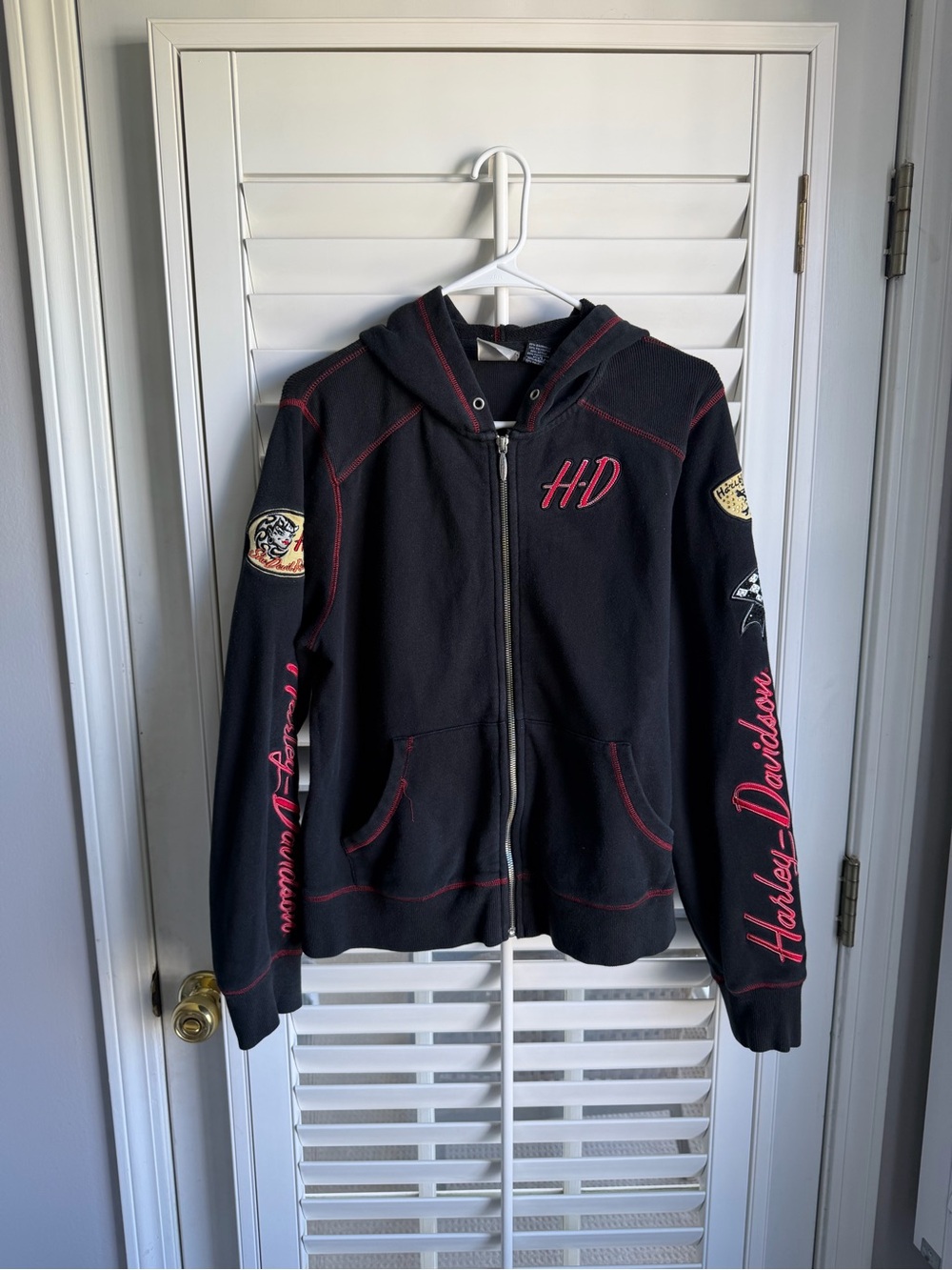 Harley-Davidson Black Hooded Zip Jacket with Red Accents Y2K